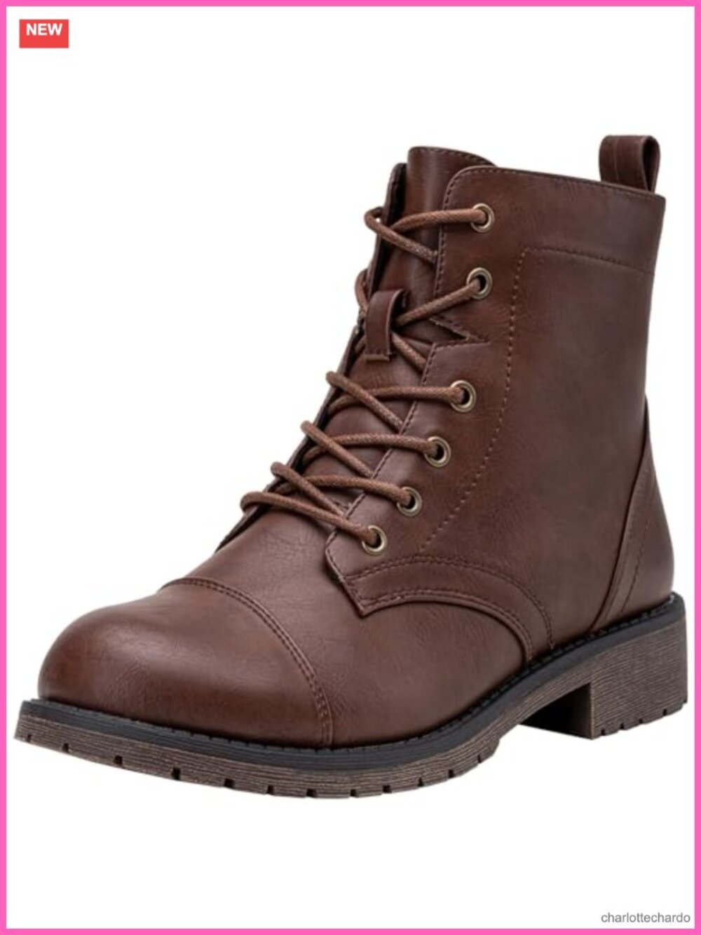 Women's Lace Up Combat Ankle Boots, Cap Toe Low Block Heel Faux Leather